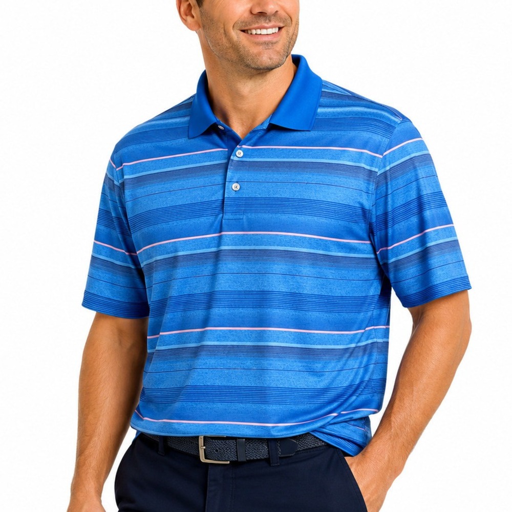 PGA TOUR Mens XL Blue Stripe Performance Polo Golf Shirt Activewear